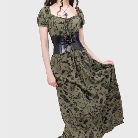 Killstar Dresses & Skirts - Killstar Olive Green Maxi Dress with Black Botanical Print